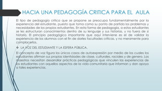 El tipo de pedagogía critica que se propone se preocupa fundamentalmente por la
experiencia del estudiante, puesto que toma como su ponto de partida los problemas y
necesidades de los propios estudiantes. En esta forma de pedagogía, a estos estudiantes
se les estructuran conocimientos dentro de su lenguaje y sus historias, y no fuera de si
historia. El principio pedagógico importante que aquí interviene es el de validar la
experiencia de los alumnos con el fin de darles facultades críticas, y no meramente para
complacerlos.
 LA VOZ DEL ESTUDIANTE Y LA ESFERA PÚBLICA.
El concepto de voz figura los únicos casos de autoexpresión por medio de los cuales los
estudiantes afirman sus propias identidades de clase, culturales, raciales y de genero. Los
maestros necesitan desarrollar prácticas pedagógicas que vinculen las experiencias de
los estudiantes con aquellos aspectos de la vida comunitaria que informan y dan apoyo
a tales experiencias.
HACIA UNA PEDAGOGÍA CRITICA PARA EL AULA
 