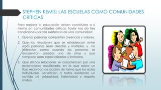 STEPHEN KEMIS: LAS ESCUELAS COMO COMUNIDADES
CRÍTICAS
Para mejorar la educación deben constituirse a si
mismo en comunidades criticas. Taylor nos da tres
condiciones para la existencia de una comunidad:
1. Que las personas compartan creencias y valores.
2. Que las relaciones que se establezcan entre
estas personas sean directas y múltiples, y no
indirectas como cuando las personas se
encuentran aisladas una de otras y que
tampoco sean especializadas y limitadas.
3. Que dichas relaciones se caractericen por una
reciprocidad equilibrada, en la que exista un
flujo recíproco de acción de forma que los actos
individuales beneficien a todos existiendo un
sentido de solidaridad, fraternidad y respeto
mutuo.
 