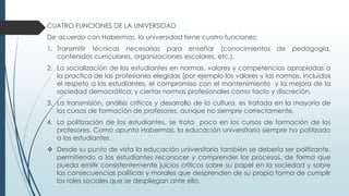 CUATRO FUNCIONES DE LA UNIVERSIDAD
De acuerdo con Habermas, la universidad tiene cuatro funciones:
1. Transmitir técnicas necesarias para enseñar (conocimientos de pedagogía,
contenidos curriculares, organizaciones escolares, etc.).
2. La socialización de los estudiantes en normas, valores y competencias apropiadas a
la practica de las profesiones elegidas (por ejemplo los valores y las normas, incluidos
el respeto a los estudiantes, el compromiso con el mantenimiento y la mejora de la
sociedad democrática; y ciertas normas profesionales como tacto y discreción.
3. La transmisión, análisis críticos y desarrollo de la cultura, es tratada en la mayoría de
los cursos de formación de profesores, aunque no siempre correctamente.
4. La politización de los estudiantes, se trata poco en los cursos de formación de los
profesores. Como apunta Habermas, la educación universitaria siempre ha politizado
a los estudiantes.
 Desde su punto de vista la educación universitaria también se debería ser politizante,
permitiendo a los estudiantes reconocer y comprender los procesos, de forma que
pueda emitir consistentemente juicios críticos sobre su papel en la sociedad y sobre
las consecuencias políticas y morales que desprenden de su propia forma de cumplir
los roles sociales que se despliegan ante ello.
 