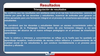 Resultados
Triangulación de resultados
Se confirma que los resultados son similares entre sí en los tres instrumentos: carencia de
interés por parte de los docentes y estudiantes, ausencia de actitudes para generar un
clima apropiado para una formación integral en el proceso de enseñanza-aprendizaje de los
estudiantes.
Se corroboró que los docentes y estudiantes tienen un escaso conocimiento sobre la
trascendencia de la Pedagogía Crítica dentro de una formación integral, y no son
conscientes del alcance de un nuevo enfoque pedagógico en el proceso de enseñanza-
aprendizaje.
Todo lo relativo a intereses y conocimientos se refleja en la huella que ha quedado un
aprendizaje receptivo, tradicionalista, de escasa crítica reflexiva y cuestionamiento de la
realidad social en los estudiantes lo que conduce inevitablemente a un proceso poco
efectivo y eficiente.
 