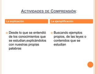 ACTIVIDADES DE COMPRENSIÓN:
 Desde lo que se entendió
de los conocimientos que
se estudian,explicándolos
con nuestras propias
palabras
 Buscando ejemplos
propios, de las leyes o
contenidos que se
estudian
La explicación La ejemplificación
 