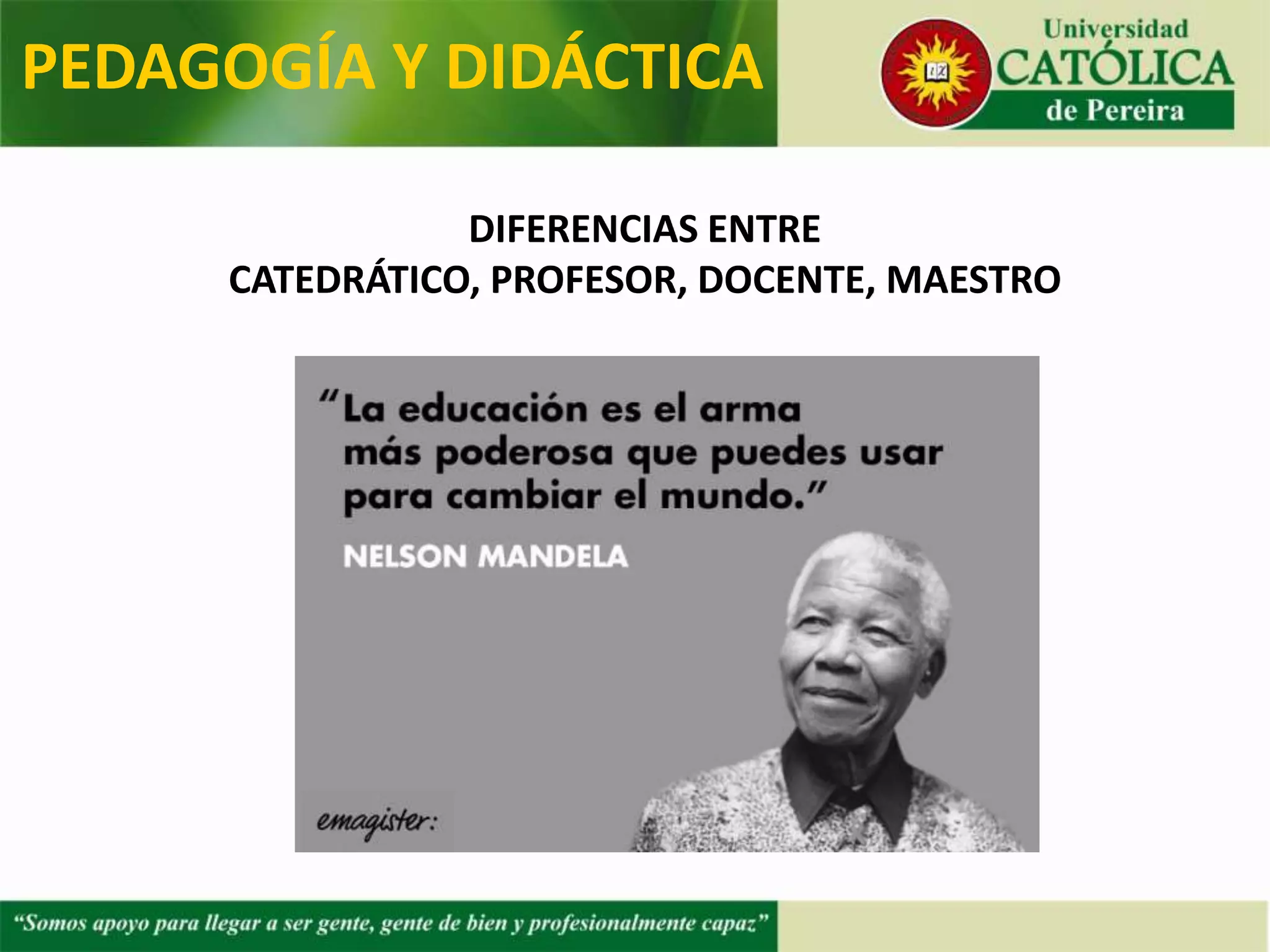 PEDAGOGÍA Y DIDÁCTICA
DIFERENCIAS ENTRE
CATEDRÁTICO, PROFESOR, DOCENTE, MAESTRO
 