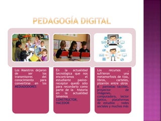 Los Maestros dejaron
de ser los
transmisores del
conocimiento para
convertirse en los
MEDIADODORES
En la actualidad
tecnológica que nos
encontramos el
estudiante pasivo-
receptor quedó sólo
para recordarlo como
parte de la historia
en la actualidad
tenemos
CONSTRUCTOR,
HACEDOR
Los recursos ,
sufrieron una
metamorfosis de tiza,
libros, carteles,
pizarrón entre otros.
A pantallas táctiles,
proyector de
imágenes,
computadora, lector
óptico, plataformas
de estudios , redes
sociales y muchos más
 