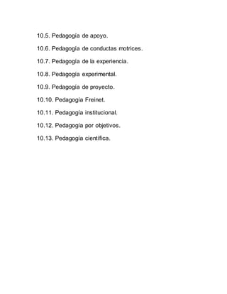 10.5. Pedagogía de apoyo.
10.6. Pedagogía de conductas motrices.
10.7. Pedagogía de la experiencia.
10.8. Pedagogía experimental.
10.9. Pedagogía de proyecto.
10.10. Pedagogía Freinet.
10.11. Pedagogía institucional.
10.12. Pedagogía por objetivos.
10.13. Pedagogía científica.
 