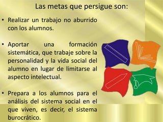 Las metas que persigue son:
• Realizar un trabajo no aburrido
con los alumnos.
• Aportar
una
formación
sistemática, que trabaje sobre la
personalidad y la vida social del
alumno en lugar de limitarse al
aspecto intelectual.
• Prepara a los alumnos para el
análisis del sistema social en el
que viven, es decir, el sistema
burocrático.

 