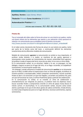 1
PRÁCTICAS DEL MÓDULO III DE EDUCACIÓN Y SOCIEDAD
Apellidos, Nombre: López Gómez, Míriam
Titulación Primaria Curso Académico 2012/2013
Autoevaluación Práctica I: 0,4
(0-0,5 ptos. según corresponda.) : 0,1 - 0,2 - 0,3 - 0,4 - 0,5
Práctica 3b:
Tras el visionado del vídeo sobre la forma de actuar en una tutoría con padres, realiza
una breve síntesis de los elementos que aporta y una valoración crítica personal en
relación a la comunicación que se establece entre la familia y la escuela.
http://www.youtube.com/watch?v=dA1ogXCwHmI&feature=player_embedded#!
En el video vemos claramente dos formas de actuar en una tutoría con padres, tanto
por parte de la familia como del tutor, a continuación definiré los elementos
característicos de los diferentes modelos de comunicación.
Modelo de comunicación agresivo La comunicación no verbal es muy importante, el
profesor recibe distante a la madre, se mantiene de pie, gestos agresivos y
amenazantes como pueden ser (movimientos de manos), proximidad física agresiva,
(el profesor invade el espacio del otro), tonos de voz altos, no se crea un clima cálido.
En la comunicación verbal, no se escuchan, hablan a la vez, se prejuzgan, no hay
diálogos, ninguno se pone en el lugar del otro, no se llega a acuerdos, se culpabilizan
mutuamente, la comunicación queda rota.
Sin embargo, cuando utilizamos el modelo de comunicación asertivo se ve claramente
que es el ideal, se debe utilizar el espacio para crear un clima de acogida, el profesor se
muestra positivo y recompensable, ambos comparten sentimientos, resume acuerdos
finales es decir a la conclusión a la que han llegado, y acuerdan una próxima cita, para
ver que tal funcionan las cosas, le ofrece finalmente apoyo y petición de colaboración.
En la comunicación no verbal, se va creando un clima de colaboración y
entendimiento.Se van relajando las posturas, el profesor tiene los objetivos claros:
buscar acuerdos finales y compromisos creando un clima de apoyo mutuo (busca el
interés común: el alumno/hijo). En la comunicación verbal, escucha activa (estar
atento y participar en lo que el otro dice): gestos de cabeza asintiendo, mirada directa,
no interrumpe.Empatiza (se pone en el lugar del otro), reconoce sentimientos, expresa
sentimientos.
 