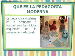 QUE ES LA PEDAGOGÍA
MODERNA
La pedagogía moderna
es la destinada a
romper con los rígidos
esquemas de la
pedagogía tradicional,