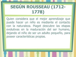SEGÚN ROUSSEAU (1712-
1778)
Quien considera que el mejor aprendizaje que
puede hacer un niño es mediante el contacto
con la naturaleza. Piaget descubre las etapas
evolutivas en la maduración del ser humano,
dejando el niño de ser un adulto pequeño, para
poseer características propias.