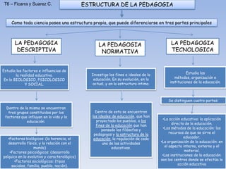 ESTRUCTURA DE LA PEDAGOGIA
Como toda ciencia posee una estructura propia, que puede diferenciarse en tres partes principales
LA PEDAGOGIA
DESCRIPTIVA
LA PEDAGOGIA
NORMATIVA
LA PEDAGOGIA
TECNOLOGICA
Estudia los factores e influencias de
la realidad educativa.
En lo BIOLOGICO, PSICOLOGICO
Y SOCIAL.
Investiga los fines e ideales de la
educación. En su evolución, en lo
actual, y en la estructura intima.
Estudia los
métodos, organización e
instituciones de la educación.
Dentro de la misma se encuentran
tres grupos constituidos por los
factores que influyen en la vida y la
educación:
•Factores biológicos: (la herencia, el
desarrollo físico, y la relación con el
mundo)
•Factores psicológicos: (desarrollo
psíquico en lo evolutivo y caracterológico)
•Factores sociológicos: (tipos
sociales, familia, pueblo, nación).
Dentro de esta se encuentran
los ideales de educación, que han
proyectado los pueblos, a los
fines de la educación que han
pensado los filósofos y
pedagogos y la estructura de la
educación, la regulación de cada
una de las actividades
educativas.
Se distinguen cuatro partes:
•La acción educativa: la aplicación
directa de la educación.
•Los métodos de la educación: los
recursos de que se sirve el
educador.
•La organización de la educación: en
el aspecto interno, externo y el
material.
•Las instituciones de la educación:
son los centros donde se efectúa la
acción educativa
T6 – Ficarra y Suarez C.
 