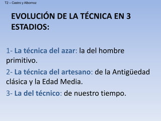 EVOLUCIÓN DE LA TÉCNICA EN 3
ESTADIOS:
1- La técnica del azar: la del hombre
primitivo.
2- La técnica del artesano: de la Antigüedad
clásica y la Edad Media.
3- La del técnico: de nuestro tiempo.
T2 – Castro y Albornoz
 