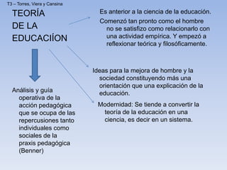 TEORÍA
DE LA
EDUCACIÍON
Es anterior a la ciencia de la educación.
Comenzó tan pronto como el hombre
no se satisfizo como relacionarlo con
una actividad empírica. Y empezó a
reflexionar teórica y filosóficamente.
Ideas para la mejora de hombre y la
sociedad constituyendo más una
orientación que una explicación de la
educación.
Modernidad: Se tiende a convertir la
teoría de la educación en una
ciencia, es decir en un sistema.
Análisis y guía
operativa de la
acción pedagógica
que se ocupa de las
repercusiones tanto
individuales como
sociales de la
praxis pedagógica
(Benner)
T3 – Torres, Viera y Cansina
 