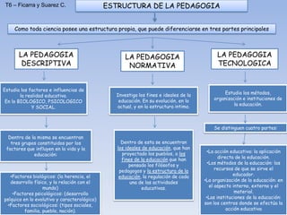 ESTRUCTURA DE LA PEDAGOGIA
Como toda ciencia posee una estructura propia, que puede diferenciarse en tres partes principales
LA PEDAGOGIA
DESCRIPTIVA
LA PEDAGOGIA
NORMATIVA
LA PEDAGOGIA
TECNOLOGICA
Estudia los factores e influencias de
la realidad educativa.
En lo BIOLOGICO, PSICOLOGICO
Y SOCIAL.
Investiga los fines e ideales de la
educación. En su evolución, en lo
actual, y en la estructura intima.
Estudia los métodos,
organización e instituciones de
la educación.
Dentro de la misma se encuentran
tres grupos constituidos por los
factores que influyen en la vida y la
educación:
•Factores biológicos: (la herencia, el
desarrollo físico, y la relación con el
mundo)
•Factores psicológicos: (desarrollo
psíquico en lo evolutivo y caracterológico)
•Factores sociológicos: (tipos sociales,
familia, pueblo, nación).
Dentro de esta se encuentran
los ideales de educación, que han
proyectado los pueblos, a los
fines de la educación que han
pensado los filósofos y
pedagogos y la estructura de la
educación, la regulación de cada
una de las actividades
educativas.
Se distinguen cuatro partes:
•La acción educativa: la aplicación
directa de la educación.
•Los métodos de la educación: los
recursos de que se sirve el
educador.
•La organización de la educación: en
el aspecto interno, externo y el
material.
•Las instituciones de la educación:
son los centros donde se efectúa la
acción educativa
T6 – Ficarra y Suarez C.
 