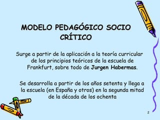 Surge a partir de la aplicación a la teoría curricular de los principios teóricos de la escuela de Frankfurt, sobre todo de  Jurgen Habermas . Se desarrolla a partir de los años setenta y llega a la escuela (en España y otros) en la segunda mitad de la década de los ochenta MODELO PEDAGÓGICO SOCIO CRÍTICO 