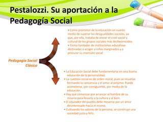Pestalozzi. Su aportación a la
Pedagogía Social
                     • Como promotor de la educación en cuanto
                     medio de superar las desigualdades sociales, ya
                     que, por ella, trataba de elevar el nivel social y
                     cultural de los grupos sociales más desfavorecidos.
                     • Como fundador de instituciones educativas
                     destinadas a acoger a niños marginados y a
                     procurar su inserción social.

Pedagogía Social
         Clásica
                   • La Educación Social debe fundamentarse en una buena
                      educación de la personalidad.
                   • La cuestión social es de orden moral, pues se resuelve
                      formando la conciencia y el amor al prójimo. Puede
                      acometerse, por consiguiente, por medio de la
                      educación.
                   • Hay que comenzar por arrancar al hombre de su
                      miseria para llevarlo a la cultura y al bien.
                   • El educador del pueblo debe moverse por un amor
                      desinteresado hacia el mismo.
                   • Cultivando los valores de la persona, se construye una
                      sociedad justa y feliz.
 