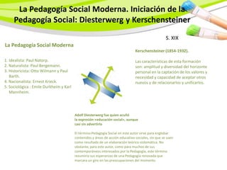La Pedagogía Social Moderna. Iniciación de la
     Pedagogía Social: Diesterwerg y Kerschensteiner
                                                                                                    S. XIX
La Pedagogía Social Moderna
                                                                                Kerschensteiner (1854-1932).

1. Idealista: Paul Natorp.                                                      Las características de esta formación
2. Naturalista: Paul Bergemann.                                                 son: amplitud y diversidad del horizonte
3. Historicista: Otto Wilmann y Paul                                            personal en la captación de los valores y
   Barth.                                                                       necesidad y capacidad de aceptar otros
4. Nacionalista: Ernest Krieck.                                                 nuevos y de relacionarlos y unificarlos.
5. Sociológica : Emile Durkheim y Karl
   Mannheim.




                                         Adolf Diesterwerg fue quien acuñó
                                         la expresión «educación social», aunque
                                         casi sin advertirlo

                                         El término Pedagogía Social en este autor sirve para englobar
                                         contenidos y áreas de acción educativo-sociales, sin que se usen
                                         como resultado de un elaboración teórico-sistemática. No
                                         obstante, para este autor, como para muchos de sus
                                         contemporáneos interesados por la Pedagogía, este término
                                         resumiría sus esperanzas de una Pedagogía renovada que
                                         marcara un giro en las preocupaciones del momento.
 