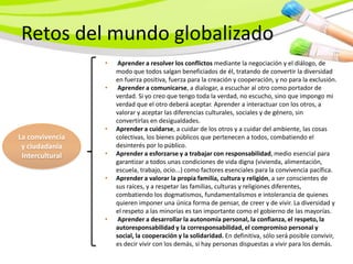 Retos del mundo globalizado
                 •    Aprender a resolver los conflictos mediante la negociación y el diálogo, de
                     modo que todos salgan beneficiados de él, tratando de convertir la diversidad
                     en fuerza positiva, fuerza para la creación y cooperación, y no para la exclusión.
                 •    Aprender a comunicarse, a dialogar, a escuchar al otro como portador de
                     verdad. Si yo creo que tengo toda la verdad, no escucho, sino que impongo mi
                     verdad que el otro deberá aceptar. Aprender a interactuar con los otros, a
                     valorar y aceptar las diferencias culturales, sociales y de género, sin
                     convertirlas en desigualdades.
                 •   Aprender a cuidarse, a cuidar de los otros y a cuidar del ambiente, las cosas
La convivencia       colectivas, los bienes públicos que pertenecen a todos, combatiendo el
 y ciudadanía        desinterés por lo público.
 Intercultural   •   Aprender a esforzarse y a trabajar con responsabilidad, medio esencial para
                     garantizar a todos unas condiciones de vida digna (vivienda, alimentación,
                     escuela, trabajo, ocio...) como factores esenciales para la convivencia pacífica.
                 •   Aprender a valorar la propia familia, cultura y religión, a ser conscientes de
                     sus raíces, y a respetar las familias, culturas y religiones diferentes,
                     combatiendo los dogmatismos, fundamentalismos e intolerancia de quienes
                     quieren imponer una única forma de pensar, de creer y de vivir. La diversidad y
                     el respeto a las minorías es tan importante como el gobierno de las mayorías.
                 •    Aprender a desarrollar la autonomía personal, la confianza, el respeto, la
                     autoresponsabilidad y la corresponsabilidad, el compromiso personal y
                     social, la cooperación y la solidaridad. En definitiva, sólo será posible convivir,
                     es decir vivir con los demás, si hay personas dispuestas a vivir para los demás.
 