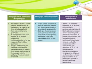Pedagogía Social Terapéutica         Pedagogía Social Hospitalaria              Pedagogía Social
     (Heilpädagogik)                                                              Penitenciaria

•   No complace mucho a quienes      •   La que cuida la educación de      • atiende a los problemas
    a ella se dedican, que se la         niños en hospitales infantiles,     específicos de los reclusos
    incluya entre las materias del       por padecer enfermedades o          (internos dice la
    Área de Pedagogía Social.            anomalías de larga duración.        Administración), privados de
•   Pero está científicamente        •   Dado que el sector o espacio        libertad, de los menores en
    justificado.                         es muy poco voluminoso, la          centros especiales y de la
•   El pedagogo/educador social          atención de los pedagogos y         reinserción sociolaboral de
    es parte de los equipos              educadores a esta rama,             quienes han pasado por este
    terapéuticos                         científica y práctica, ha sido      tipo de instituciones.
    multiprofesionales, en los que       escasa.                           • Los Centros Penitenciarios
    no pueden faltar médicos y                                               tienen ya en plantilla
    psicólogos.                                                              educadores sociales
•   Hay que condescender, no                                                 especializados, y el
    obstante, con quienes se                                                 Ministerio, las CC.AA., las
    sienten a disgusto en nuestra                                            Diputaciones, los
    Área, porque prefieren que se                                            Ayuntamientos y algunas
    les catalogue entre los                                                  Congregaciones Religiosas
    pedagogos/educadores de la                                               católicas sostienen pisos o
    diversidad.                                                              pequeñas células de ex-
                                                                             presos, para ayudarles a
                                                                             reinsertarse social y
                                                                             laboralmente.
 