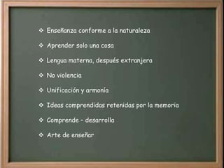  Enseñanza conforme a la naturaleza

 Aprender solo una cosa

 Lengua materna, después extranjera

 No violencia

 Unificación y armonía

 Ideas comprendidas retenidas por la memoria

 Comprende – desarrolla

 Arte de enseñar
 