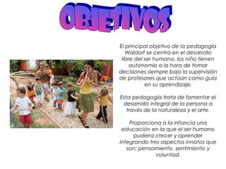 El principal objetivo de la pedagogía 
Waldorf se centra en el desarrollo 
libre del ser humano, los niño tienen 
autonomía a la hora de tomar 
decisiones siempre bajo la supervisión 
de profesores que actúan como guía 
en su aprendizaje. 
Esta pedagogía trata de fomentar el 
desarrollo integral de la persona a 
través de la naturaleza y el arte. 
Proporciona a la infancia una 
educación en la que el ser humano 
pudiera crecer y aprender 
integrando tres aspectos innatos que 
son: pensamiento, sentimiento y 
voluntad. 
 