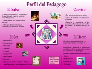 Perfil del Pedagogo Convivir El Hacer El Ser El Saber Emplea métodos didácticos  dirigen aprendizaje en base a el: Crecimiento, desarrollo y maduración mental del niño o adolescente, paralelo a su desarrollo bio-fisiologico. Realiza las estrategias de enseñanza  Diseño Programación Elaboración, y Evaluación Adquirir conocimientos con metas loables Humanitario Emprendedor Motivador Solidario  Puntual Responsable Buen oyente Humilde Ejemplo de valores morales y éticos Aprecia y respeta las diferentes opiniones Ser abierto, socialmente activo Capaz de entablar conversaciones fácilmente Escucha y comprende a los aprendices; fomentando entre ellos los valores, el respeto mutuo y la paz Sabe con propiedad y fundamento lo que dice y lo imparte, según el nivel del aprendiz Debe poseer una amplia cultura general  Manejar eficazmente a sus alumnos para mantener el orden 