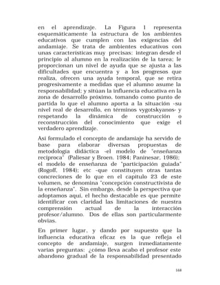 en el aprendizaje.
La Figura 1 representa
esquemáticamente la estructura de los ambientes
educativos que cumplen con las exigencias del
andamiaje. Se trata de ambientes educativos con
unas características muy precisas: integran desde el
principio al alumno en la realización de la tarea; le
proporcionan un nivel de ayuda que se ajusta a las
dificultades que encuentra y a los progresos que
realiza, ofrecen una ayuda temporal, que se retira
progresivamente a medidas que el alumno asume la
responsabilidad; y sitúan la influencia educativa en la
zona de desarrollo próximo, tomando como punto de
partida lo que el alumno aporta a la situación -su
nivel real de desarrollo, en términos vygotskyanos- y
respetando
la
dinámica
de
construcción
o
reconstrucción del conocimiento que exige el
verdadero aprendizaje.
Así formulado el concepto de andamiaje ha servido de
base
para
elaborar
diversas
propuestas
de
metodología didáctica -el modelo de "enseñanza
recíproca" (Paliesar y Broen. 1984; Paninesar, 1986);
el modelo de enseñanza de "participación guiada"
(Rogoff, 1984); etc -que constituyen otras tantas
concreciones de lo que en el capítulo 23 de este
volumen, se denomina "concepción constructivista de
la enseñanza". Sin embargo, desde la perspectiva que
adoptamos aquí, el hecho destacable es que permite
identificar con claridad las limitaciones de nuestra
comprensión
actual
de
la
interacción
profesor/alumno. Dos de ellas son particularmente
obvias.
En primer lugar , y dando por supuesto que la
influencia educativa eficaz es la que refleja el
concepto de andamiaje, surgen inmediatamente
varias preguntas: ¿cómo lleva acabo el profesor este
abandono gradual de la responsabilidad presentado
168

 