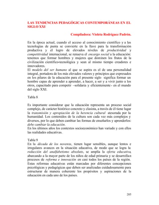 LAS TENDENCIAS PEDAGÓGICAS CONTEMPORÁNEAS EN EL
SIGLO XXI
Compiladora: Violeta Rodríguez Padrón.
En la época actual, cuando el acceso al conocimiento científico y a las
tecnologías de punta se convierte en la llave para la transformación
productiva y el logro de elevados niveles de productividad y
competitividad internacional, se renueva el encargo social a la educación:
tenemos que formar hombres y mujeres que dominen los frutos de la
civilización científico-tecnológica y sean al mismo tiempo creadores e
innovadores.
El modelo del ser humano al que se aspira es el de una personalidad
integral, portadora de los más elevados valores y principios que expresados
en los pilares de la educación para el presente siglo significa formar un
hombre capas de aprender a aprender, a hacer, a ser y a vivir junto a los
otros, capacitado para competir –solidaria y eficientemente - en el mundo
del siglo XXI.
Tabla 8
Es importante considerar que la educación representa un proceso social
complejo, de carácter histórico concreto y clasista, a través de él tiene lugar
la transmisión y apropiación de la herencia cultural atesorada por la
humanidad. Los contenidos de la cultura son cada vez más complejos y
diversos, por lo que deben cambiar las formas de enseñarlos y aprenderlos:
debe cambiar la educación.
En los últimos años los contextos socioeconómico han variado y con ellos
las realidades educativas.
Tabla 9
En la década de los noventa, tienen lugar sensibles, aunque lentos e
irregulares avances en la situación educativa, de modo que se logra la
reducción del analfabetismo absoluto, se amplía la oferta educativa,
abarcando a la mayor parte de los niños de edad primaria y se desarrolla n
procesos de reforma e innovación en casi todos los países de la región.
Estas reformas educativas están marcadas por diferentes concepciones
psicológicas y pedagógicas que deben ser analizadas cuidadosamente para
estructurar de manera coherente los propósitos y aspiraciones de la
educación en cada uno de los países.

205

 