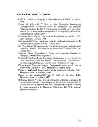 BIBLIOGRAFÍA RECOMENDADA:
CEPES. Tendencias Pedagógicas Contemporáneas. CEPES. La Habana,
1991
Esteva M, Valera O. Y Ruiz A. Las Tendencias Pedagógicas
Contemporáneas. Valoración desde la perspectiva del proyecto
Pedagogía Cubana del ICCP. Conferencia impartida en el curso Prereunión del III Simposio Iberoamericano de Investigación y Educación.
Ciudad Habana, Febrero 2000.
Fernández Pérez Miguel. Las tareas de la profesión de enseñar. Edit.
siglo veintiuno. España, 1994.
Guzmán Jesús Carlos, Hernández Gerardo. Implicaciones educativas de
seis teorías psicológicas, UNAN. México. 1993
Gil Pérez Daniel. Relaciones entre conocimiento escolar y conocimiento
científico. Revista “Investigación en la escuela ·23, Diada Edit. SA,
España, 1994.
Morenza Liliana. Vigencia de J. Piaget en la Educación. Conferencia
Pedagogía. 2000 (soporte magnético).
Penchansky de Bosch Lidia. Las teorías educativas en el nivel inicial. En
Lidia Penchansky-Hebe San Martín. El nivel inicial. Estructuración.
Orientación para la Práctica. Edit. Colihue. Argentina s/f (cap. 4)
Pérez Angel, Sacristán Jimeno. Comprender para transformar la
enseñanza Capitulo II . Edit. Morata S.A. Madrid 1992
Piaget J., Wallon H. Los estadios en la psicología del niño. Edic.
Revolucionaria. La Habana, 1996
Piaget J. La construcción de lo real en el niño. Edic.
Revolucionaria. La Habana,1992
Rodríguez Padrón Violeta. Una aproximación didáctica al proceso de
enseñanza-aprendizaje desarrollador en la Escuela Internacional de
Educación Física y Deporte de Cuba. Tesis presentada para la opción
del grado académico de Master en Educación. ISP “E.J. Varona”
(pendiente a discutir)

230

 