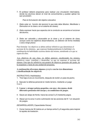 7. El profesor deberá prepararse para realizar una vinculación intermateria,
donde los alumnos eleven el nivel de conocimientos y puedan aplicar los
que ya poseen.
Para la formulación del objetivo educativo
1. Debe estar en función del alumno( lo que éste debe Mostrar, Manifestar o
Demostrar en la clase o en el sistema de clases).
2. Debe expresar hacia que aspectos de la conducta se encamina el accionar
del alumno.

3. Debe ser valorable y alcanzable en la clase y en el sistema de clase,
aunque como los objetivos desarrolladores, se obtienen de forma mediata(
o sea a largo plazo)

Para formular los objetivos se deben utilizar infinitivos que determinen el
accionar de los alumnos, que expresen fundamentalmente la habilidad o la
combinación de habilidades rectoras dentro del mismo, atendiendo a lo que se
espera de ellos.
Los objetivos de una clase, no deben aparecer, encabezando los mismos,
infinitivos como: contribuir y desarrollar, ya que no expresan el accionar del
alumno. Este tipo de infinitivos son propios de objetivos generales del grado, de
la asignatura y hasta de una unidad del programa.
A continuación ofrecemos algunos ejemplos con las tres dimensiones
( clasificación)de los objetivos:
INSTRUCTIVO ( Habilidades)
1. Tirar bajo el aro en movimiento, después de recibir un pase de pecho.
2. Ejecutar la defensa personal en medio terreno, mediante un juego
3 vs 3.

3. Lanzar y atrapar pelotas pequeñas, con una y dos manos, desde
diferentes posiciones del cuerpo y en condiciones de juegos.
4. Sacar por abajo de frente, hacia las zonas 5 y 6 mediante juegos.
5. Atacar por la zona 4 como culminación de las acciones del K 1 en situación
de juegos.
DESARROLLADOR ( Capacidades físicas)
1. Correr tramos de 30 metros en un tiempo entre 5 y 6 segundos para mejorar
la rapidez de traslación.

262

 