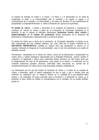 el conjunto de actitudes de respeto a sí mismo, a la Patria y a la Humanidad. Es un modo de
comprender su deber y su responsabilidad ante la sociedad y de regular el respeto y el
reconocimiento de la sociedad a su personalidad, y por tanto sus derechos. Es una manifestación de
ejemplaridad. La Dignidad Profesional se refiere al desarrollo del ejercicio de la profesión.
El modelo de valores a formar y desarrollar en el estudiante de Ingeniería
constituye un sistema de valores a partir de la Concepción de Tecnología
profesión, la que se expresa en diferentes dimensiones: intelectual, técnica,
político-ideológica en el modelo del profesional. Dichas dimensiones de
profesional se complementan e interactúan entre sí en forma de sistema.

y Arquitectura lo
Apropiada en la
ética, estética y
la formación del

El sistema de valores que se deriva de la concepción de Tecnología Apropiada, se expresa en un
todo caracterizado por una cualidad sistémica, que viene dada por el propio contenido de la
DIGNIDAD PROFESIONAL cualidad de carácter ética que interpenetra al sistema en su
conjunto, indicando la búsqueda de la profesionalidad para el real éxito profesional con sentido de
identidad nacional.
Precisamente interpretado así el sistema de valores a través de las dimensiones y jerarquizando los
valores éticos y político-ideológicos representados por la Dignidad Profesional, permite cambiar el
contenido y el significado a valores como creatividad, belleza, eficiencia, etc. Del mismo modo que
la interpenetración del resto de las dimensiones, como puede ser la técnica y la intelectual, con un
contenido profesional, ejemplos: eficiencia, creatividad, saber, innovación, etc., permite dar un
contenido profesional a los valores éticos, como honestidad, modestia, solidaridad, etc.
Las dimensiones son los ejes del modelo de formación de valores y se nutren de un conjunto de
valores a desarrollar, según el espacio pedagógico de que se trate, y por sí mismas cada una
conforma un subsistema que se integra al sistema en su totalidad. Por lo que identificar dicho
sistema y sus contenidos son pasos esenciales para la formación y el desarrollo de valores en la
profesión, es decir, definir un modelo en correspondencia con la sociedad. Así un modelo definido
puede ser:

15

 