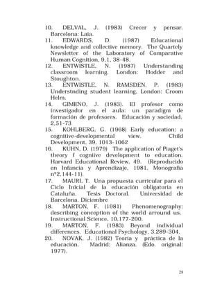 10.
DELVAL, J. (1983) Crecer y pensar.
Barcelona: Laia.
11.
EDWARDS,
D.
(1987)
Educational
knowledge and collective memory. The Quartely
Newsletter of the Laboratory of Comparative
Human Cognition, 9,1, 38-48.
12.
ENTWISTLE,
N.
(1987)
Understanding
classroom learning. London: Hodder and
Stoughton.
13.
ENTWISTLE, N. RAMSDEN, P. (1983)
Understnding student learning, London: Croom
Helm.
14.
GIMENO, J. (1983). El profesor como
investigador en el aula: un paradigm de
formación de profesores. Educación y sociedad,
2,51-73
15.
KOHLBERG, G. (1968) Early education: a
cognitive-developmental
view.
Child
Development, 39, 1013-1062
16.
KUHN, D. (1979) The application of Piaget's
theory f cogniive development to education.
Harvard Educational Review, 49. (Reproducido
en Infancia y Aprendizaje, 1981, Monografía
nº2,144-11).
17.
MAURI, T. Una propuesta curricular para el
Ciclo Inicial de la educación obligatoria en
Cataluña.
Tesis Doctoral.
Universidad de
Barcelona. Diciembre
18.
MARTON, F. (1981)
Phenomenography:
describing conception of the world arround us.
Instructional Science, 10,177-200.
19.
MARTON, F. (1983) Beyond individual
differences. Educational Psychology, 3,289-304.
20.
NOVAK, J. (1982) Teoría y práctica de la
educación.
Madrid: Alianza. (Edo. original:
1977).

28

 