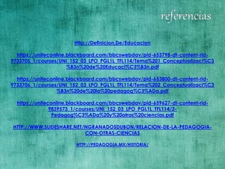 Http://Definicion.De/Educacion
https://uniteconline.blackboard.com/bbcswebdav/pid-653798-dt-content-rid-
9733705_1/courses/UNI_152_03_LPO_PGL1L_TFL114/Tema%201_Conceptualizaci%C3
%B3n%20de%20Educaci%C3%B3n.pdf
https://uniteconline.blackboard.com/bbcswebdav/pid-653800-dt-content-rid-
9733706_1/courses/UNI_152_03_LPO_PGL1L_TFL114/Tema%202_Conceptualizaci%C3
%B3n%20de%20la%20pedagog%C3%ADa.pdf
https://uniteconline.blackboard.com/bbcswebdav/pid-659627-dt-content-rid-
9839573_1/courses/UNI_152_03_LPO_PGL1L_TFL114/3-
Pedagog%C3%ADa%20y%20otras%20ciencias.pdf
HTTP://WWW.SLIDESHARE.NET/NGRANADOSDUBON/RELACION-DE-LA-PEDAGOGIA-
CON-OTRAS-CIENCIAS
HTTP://PEDAGOGIA.MX/HISTORIA/
 