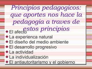 Principios pedagogicos:
que aportes nos hace la
pedagogia a traves de
estos principios El afecto
La experienca natural
El diseño del medio ambiente
El desarrollo progresivo
La actividad
La individualización
El antiautoritarismo y el gobierno
