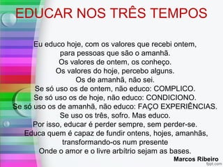 Eu educo hoje, com os valores que recebi ontem,
para pessoas que são o amanhã.
Os valores de ontem, os conheço.
Os valores do hoje, percebo alguns.
Os de amanhã, não sei.
Se só uso os de ontem, não educo: COMPLICO.
Se só uso os de hoje, não educo: CONDICIONO.
Se só uso os de amanhã, não educo: FAÇO EXPERIÊNCIAS.
Se uso os três, sofro. Mas educo.
Por isso, educar é perder sempre, sem perder-se.
Educa quem é capaz de fundir ontens, hojes, amanhãs,
transformando-os num presente
Onde o amor e o livre arbítrio sejam as bases.
Marcos Ribeiro
EDUCAR NOS TRÊS TEMPOS
 