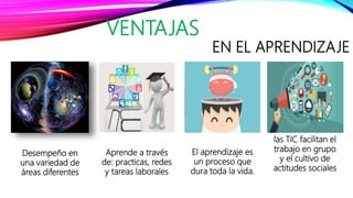 VENTAJAS
EN EL APRENDIZAJE
Desempeño en
una variedad de
áreas diferentes
Aprende a través
de: practicas, redes
y tareas laborales
El aprendizaje es
un proceso que
dura toda la vida.
las TIC facilitan el
trabajo en grupo
y el cultivo de
actitudes sociales
 