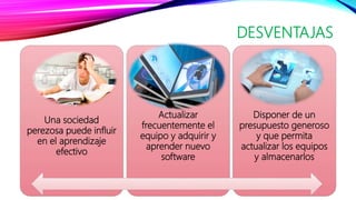 DESVENTAJAS
Una sociedad
perezosa puede influir
en el aprendizaje
efectivo
Actualizar
frecuentemente el
equipo y adquirir y
aprender nuevo
software
Disponer de un
presupuesto generoso
y que permita
actualizar los equipos
y almacenarlos
 