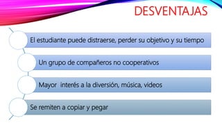 DESVENTAJAS
El estudiante puede distraerse, perder su objetivo y su tiempo
Un grupo de compañeros no cooperativos
Mayor interés a la diversión, música, videos
Se remiten a copiar y pegar
 