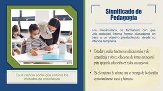 Significado de
Pedagogía
Es la ciencia social que estudia los
métodos de enseñanza
Los mecanismos de formación con que
una sociedad intenta formar ciudadanos en
base a un objetivo prestablecido, desde su
infancia temprana.
 