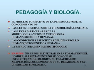 27
PEDAGOGÍA Y BIOLOGÍA.
EL PROCESO FORMATIVO DE LA PERSONA SUPONE EL
CONOCIMIENTO DE:
LAS LEYES GENERALES DE LA VIDA(BIOLOGÍA GENERAL).
LAS LEYES PARTICULARES DE LA
MORFOLOGÍA,ANATOMÍAY FISIOLOGÍA
HUMANAS(BIOLOGÍA HUMANA).
LAS CONDICIONES ESPECÍFICAS DEL DESARROLLO
HUMANO(ONTOGENÉTICA HUMANA).
LA ESTRUCTURA MENTAL(BIOTIPOLOGÍA)
EN SUMA; NO ES POSIBLE PENSAR EN LA FORMACIÓN DEL
HOMBRE, SI PREVIAMENTE NO SE CONOCE SU
ESTRUCTURA MORFOLÓGICA, SU CAPACIDAD DE
ADAPTACIÓN, LOS MOMENTOS DE SU DESARROLLO Y SU
DIVERSIDAD TIPOLÓGICA.
 