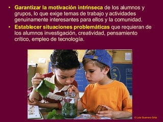 Garantizar la  motivación intrínseca  de los alumnos y grupos, lo que exige  temas de trabajo  y  actividades  genuinamente  interesantes para  ellos  y  la comunidad. Establecer  situaciones  problemáticas   que  requieran   de los alumnos  investigación, creatividad, pensamiento crítico, empleo de tecnología. 