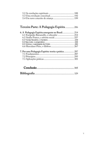 7
5.2 As revelações espirituais ............................................. 188
5.3 Uma revolução conceitual........................................... 192
5.4 Um novo conceito de criança ..................................... 199
Terceira Parte: A Pedagogia Espírita................ 206
6. A Pedagogia Espírita emergente no Brasil..................... 214
6.1 Eurípedes Barsanulfo, o educador ............................. 214
6.2 Anália Franco, a ativista social................................... 227
6.3 Tomás Novelino, o herdeiro....................................................239
6.4 Ney Lobo, o pragmático..........................................................248
6.5 Vinicius, o apologista de Cristo...............................................260
6.6 Herculano Pires, o filófoso......................................... 267
7. Por uma Pedagogia Espírita: teoria e prática.................. 287
7.1 Fundamentos............................................................... 287
7.2 Princípios..................................................................... 295
7.3 Aplicações práticas...................................................... 301
Conclusão.......................................................... 315
Bibliografia...................................................................... 329
 