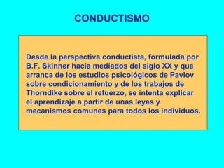 CONDUCTISMO Desde la perspectiva conductista, formulada por B.F. Skinner hacia mediados del siglo XX y que arranca de los estudios psicológicos de Pavlov sobre condicionamiento y de los trabajos de Thorndike sobre el refuerzo, se intenta explicar el aprendizaje a partir de unas leyes y mecanismos comunes para todos los individuos.   
