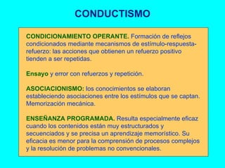 CONDUCTISMO CONDICIONAMIENTO OPERANTE.  Formación de reflejos condicionados mediante mecanismos de estímulo-respuesta-refuerzo: las acciones que obtienen un refuerzo positivo tienden a ser repetidas. Ensayo  y error con refuerzos y repetición. ASOCIACIONISMO:  los conocimientos se elaboran estableciendo asociaciones entre los estímulos que se captan. Memorización mecánica. ENSEÑANZA PROGRAMADA.  Resulta especialmente eficaz cuando los contenidos están muy estructurados y secuenciados y se precisa un aprendizaje memorístico. Su eficacia es menor para la comprensión de procesos complejos y la resolución de problemas no convencionales. 