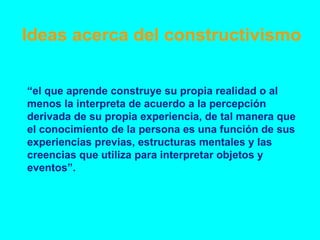“ el que aprende construye su propia realidad o al menos la interpreta de acuerdo a la percepción derivada de su propia experiencia, de tal manera que el conocimiento de la persona es una función de sus experiencias previas, estructuras mentales y las creencias que utiliza para interpretar objetos y eventos” . Ideas acerca del constructivismo 