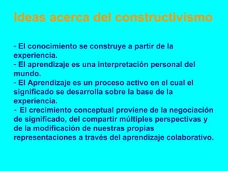 El conocimiento se construye a partir de la experiencia. El aprendizaje es una interpretación personal del mundo. El Aprendizaje es un proceso activo en el cual el significado se desarrolla sobre la base de la experiencia. El crecimiento conceptual proviene de la negociación de significado, del compartir múltiples perspectivas y de la modificación de nuestras propias   representaciones a través del aprendizaje colaborativo.   Ideas acerca del constructivismo 