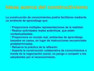 L a construcción de conocimientos podría facilitarse mediante un ambiente de aprendizaje que: Proporcione múltiples representaciones de la realidad .  Realice actividades reales auténticas ,  que estén contextualizadas. Proporcione un mundo real, ambientes de aprendizaje basados en casos, en lugar de instrucciones secuenciales predeterminadas. Refuerce la práctica de  la  reflexión. Soporte la construcción colaborativa de conocimientos a través de la negociación social, no ponga a competir a los estudiantes por el reconocimiento. Ideas acerca del constructivismo 