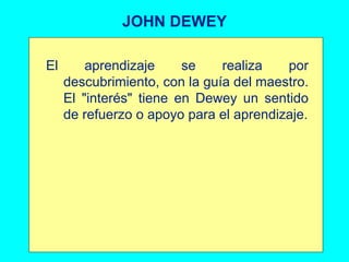 JOHN DEWEY El aprendizaje se realiza por descubrimiento, con la guía del maestro. El "interés" tiene en Dewey un sentido de refuerzo o apoyo para el aprendizaje. 