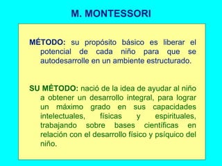 M. MONTESSORI MÉTODO:  su propósito básico es liberar el potencial de cada niño para que se autodesarrolle en un ambiente estructurado. SU MÉTODO:  nació de la idea de ayudar al niño a obtener un desarrollo integral, para lograr un máximo grado en sus capacidades intelectuales, físicas y espirituales, trabajando sobre bases científicas en relación con el desarrollo físico y psíquico del niño. 