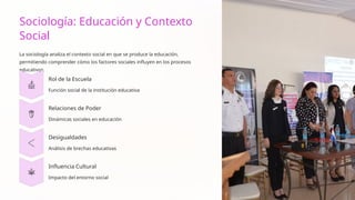 Sociología: Educación y Contexto
Social
La sociología analiza el contexto social en que se produce la educación,
permitiendo comprender cómo los factores sociales influyen en los procesos
educativos.
Rol de la Escuela
Función social de la institución educativa
Relaciones de Poder
Dinámicas sociales en educación
Desigualdades
Análisis de brechas educativas
Influencia Cultural
Impacto del entorno social
 