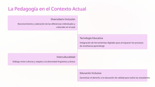 La Pedagogía en el Contexto Actual
Diversidad e Inclusión
Reconocimiento y valoración de las diferencias individuales y
culturales en el aula
Tecnología Educativa
Integración de herramientas digitales para enriquecer los procesos
de enseñanza-aprendizaje
Interculturalidad
Diálogo entre culturas y respeto a la diversidad lingüística y étnica
Educación Inclusiva
Garantizar el derecho a la educación de calidad para todos los estudiantes
 