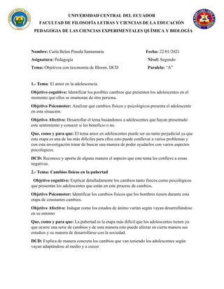 UNIVERSIDAD CENTRAL DEL ECUADOR
FACULTAD DE FILOSOFÍA LETRAS Y CIENCIAS DE LA EDUCACIÓN
PEDAGOGIA DE LAS CIENCIAS EXPERIMENTALES QUÍMICA Y BIOLOGÍA
Nombre: Carla Belen Pineda Santamaria Fecha: 22/01/2021
Asignatura: Pedagogía Nivel: Segundo
Tema: Objetivos con taxonomía de Bloom, DCD Paralelo: “A”
1.- Tema: El amor en la adolescencia.
Objetivo cognitivo: Identificar los posibles cambios que presenten los adolescentes en el
momento que ellos se enamoran de otra persona.
Objetivo Psicomotor: Analizar qué cambios físicos y psicológicos presenta el adolescente
en esta situación.
Objetivo Afectivo: Desarrollar el tema basándonos a adolescentes que hayan presentado
este sentimiento y conocer si les beneficio o no.
Que, como y para que: El tema amor en adolescentes puede ser un tanto perjudicial ya que
esta etapa es una de las más difíciles para ellos esto puede conllevar a varios problemas y
con esta investigación tratar de buscar una manera de poder ayudarlos con varios aspectos
psicológicos.
DCD: Reconoce y aporta de alguna manera el aspecto que este tema les conlleve a cosas
negativas.
2.- Tema: Cambios físicos en la pubertad
Objetivo cognitivo: Explicar detalladamente los cambios tanto físicos como psicológicos
que presentan los adolescentes que están en este proceso de cambios.
Objetivo Psicomotor: Identificar los cambios físicos que los hombres tienen durante esta
etapa de constantes cambios.
Objetivo Afectivo: Indagar como los estados de ánimo varían según vayan desarrollándose
en su entorno
Que, como y para que: La pubertad es la etapa más difícil que los adolescentes tienen ya
que ocurre una serie de cambios y de esta manera esto puede afectar en cierta manera sus
estudios y su manera de desarrollarse con la sociedad.
DCD: Explica de manera concreta los cambios que van teniendo los adolescentes según
vayan adaptándose al medio y a crecer
 